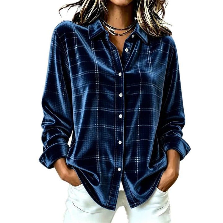 Women's Velvet Shirt Blouse with Check Pattern and Loose Oversized Cut Mune Fashion