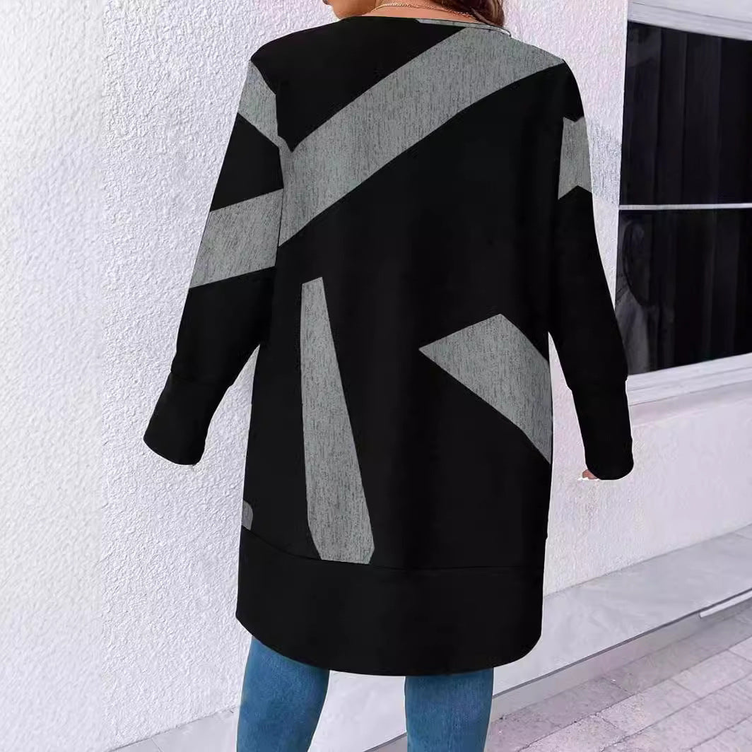 Women's Oversize Knit Cardigan with Geometric Print, Button Placket and Patch Pockets Mune Fashion