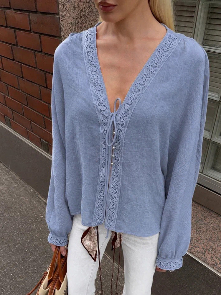 Women's Light V-Neck Lace Blouse with Tie, Pearl Detail & Volume Sleeves Mune Fashion