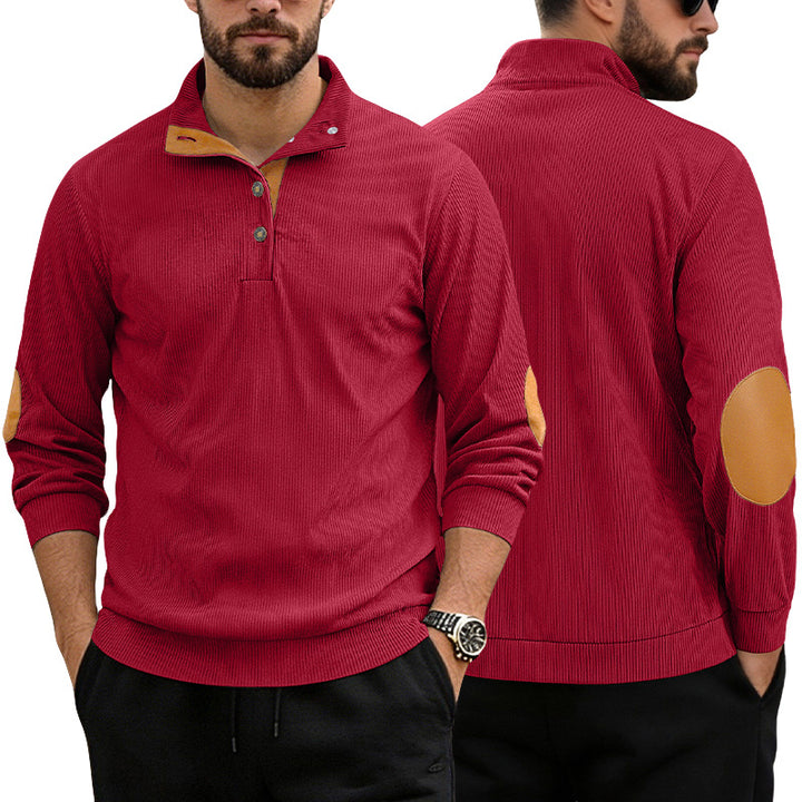 Men's casual structured sweater with polo collar, short button placket and vegan leather trims Mune Fashion