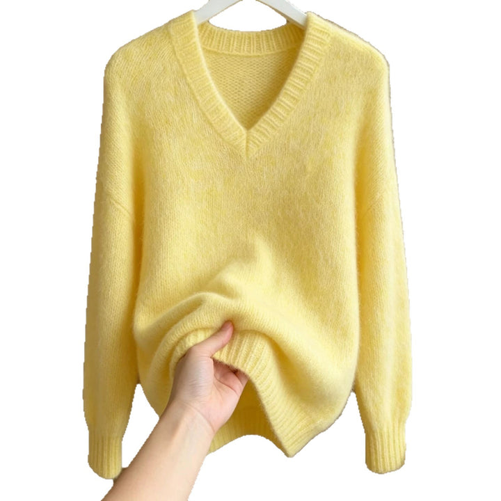 Women Fluffy Mohair-Mix Oversize Sweater with Deep V Neck Mune Fashion