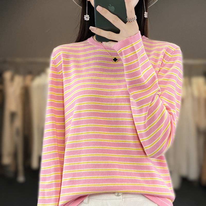Women Light Cotton Blend Stripe Sweater with Round Neck, Raglan Sleeves and Casual Silhouette Mune Fashion