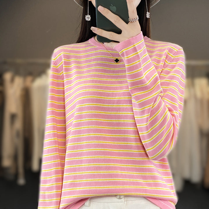 Women Light Cotton Blend Stripe Sweater with Round Neck, Raglan Sleeves and Casual Silhouette Mune Fashion