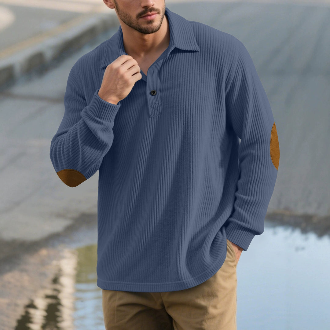 Men's ribbed casual polo with kent collar, short button placket and velour elbow patches Mune Fashion