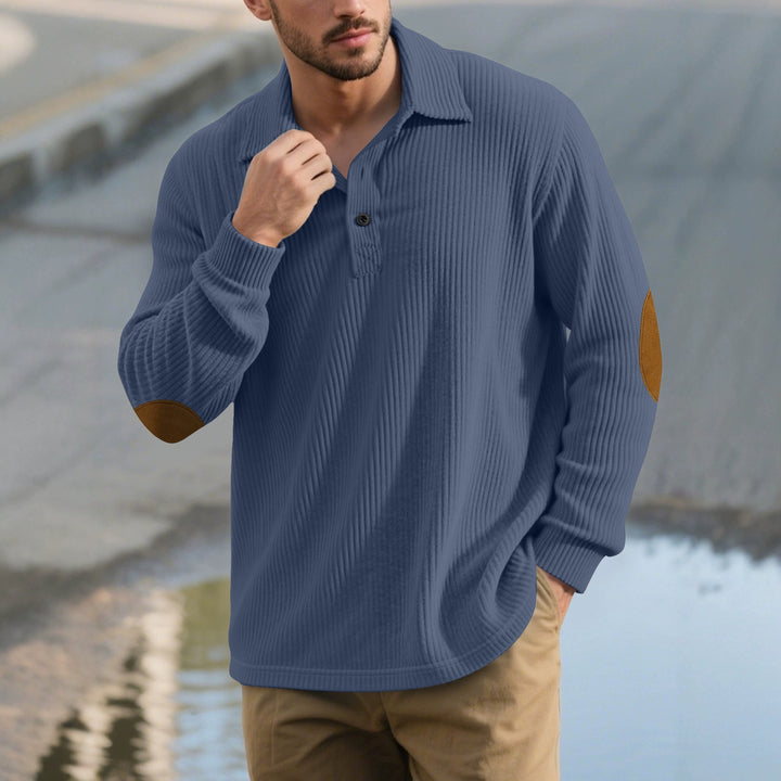 Men's ribbed casual polo with kent collar, short button placket and velour elbow patches Mune Fashion