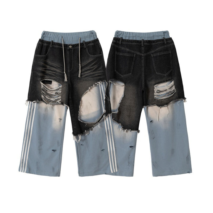 Unisex Patchwork Jeans Hybrid Pants in Oversized Cut with elastic waistband, destroy effects, and wide leg Mune Fashion