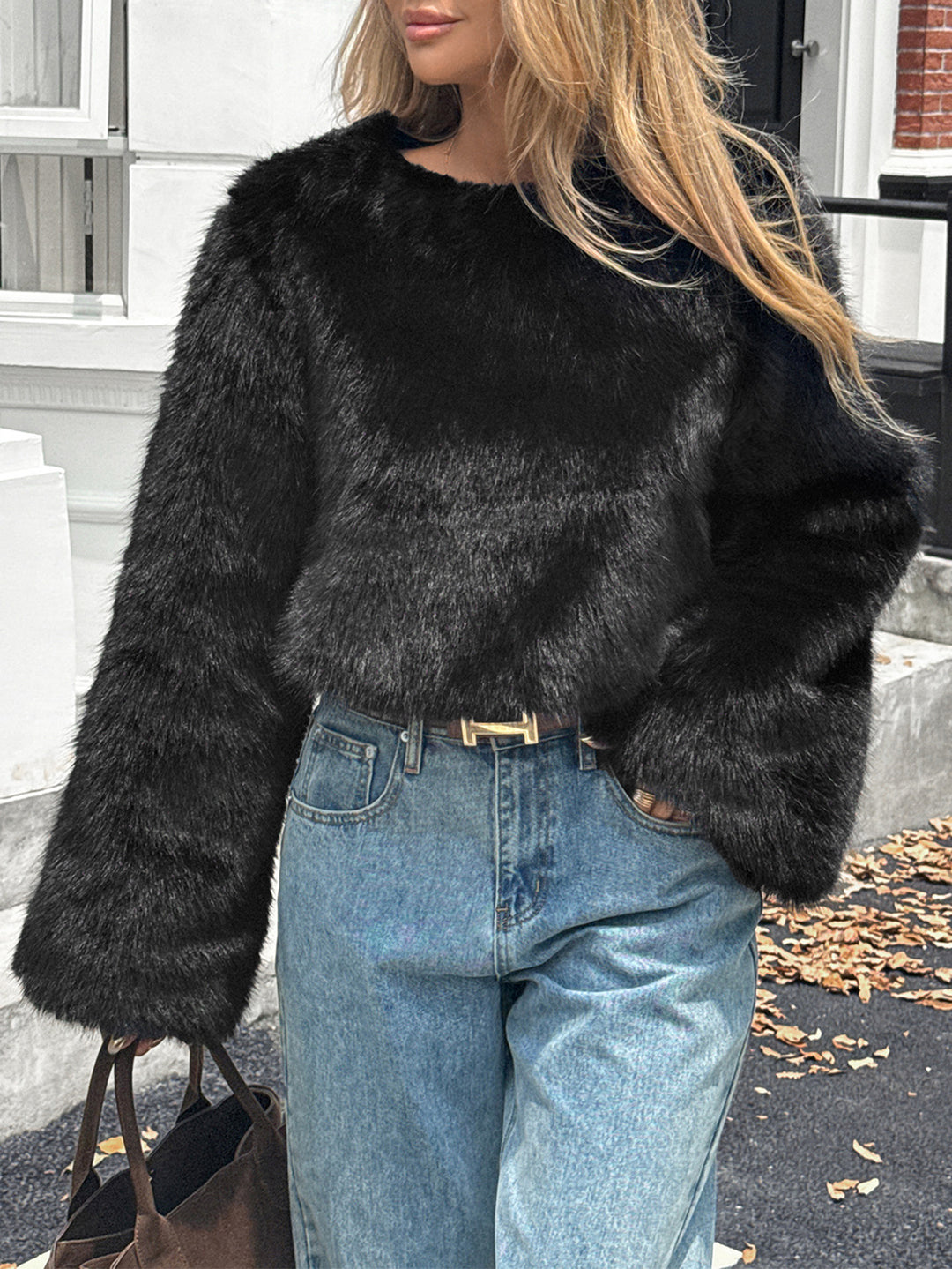 Women’s cozy Cropped Faux Fur Sweater with Bell Sleeves Mune Fashion
