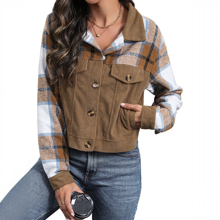 Ladies Short Jacket Cord and Check Mix with Buttons & Breast Pockets Mune Fashion