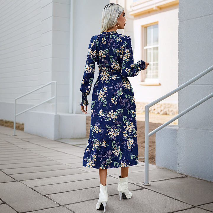 Women Floral Long Sleeve Dress with Waist Belt Mune Fashion