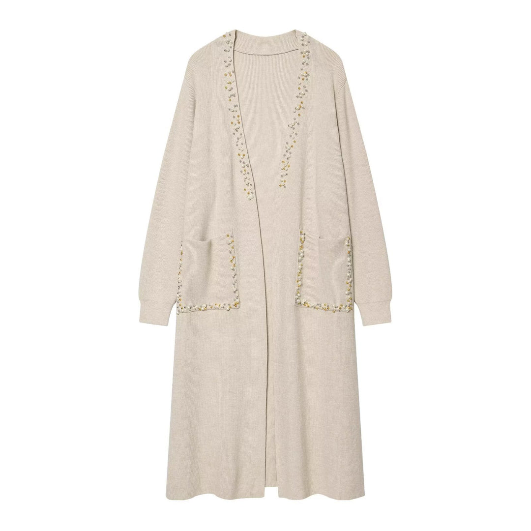 Ladies long knitted cardigan with pearl detailing Mune Fashion