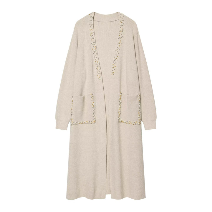 Ladies long knitted cardigan with pearl detailing Mune Fashion