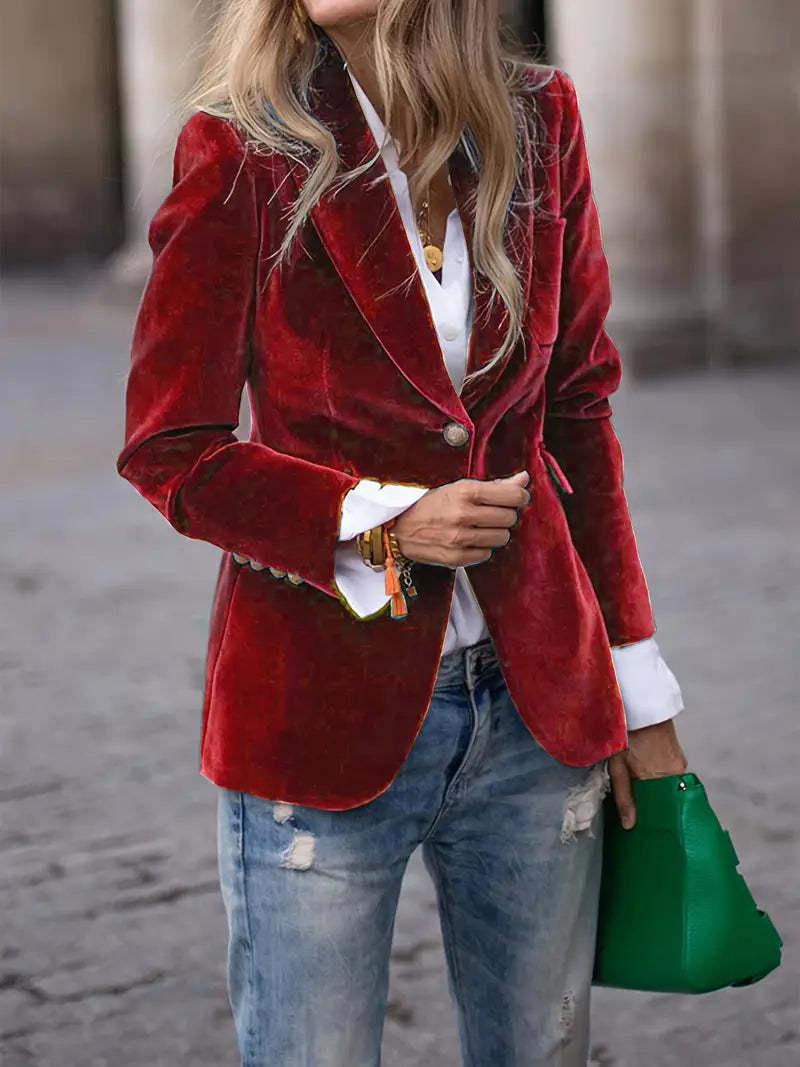 Women's tailored velvet blazer with lapel collar and single-button closure Mune Fashion