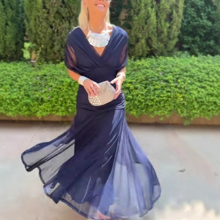 Ladies elegant floor-length evening dress with draped shoulder area and airy chiffon skirt Mune Fashion