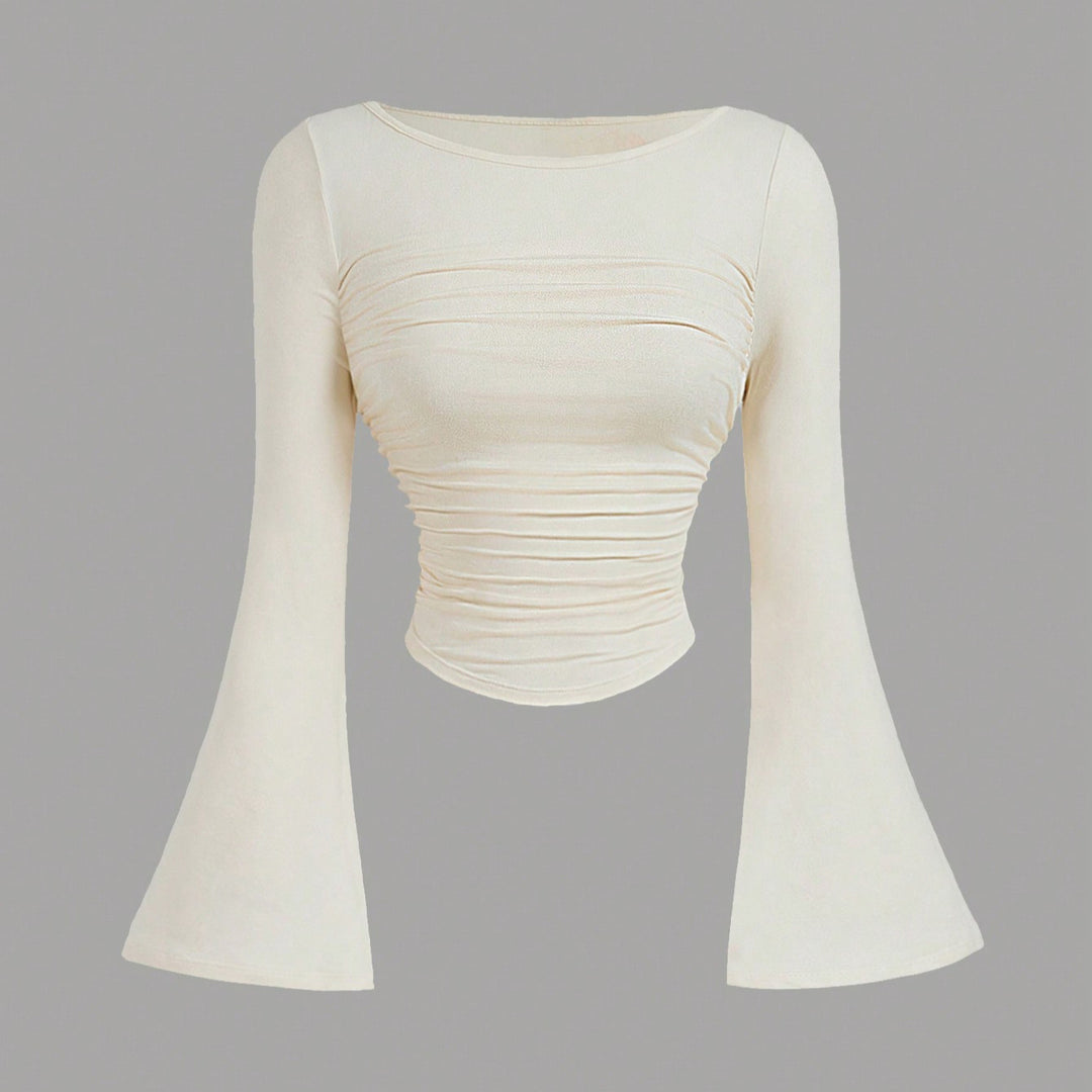 Ladies Fitted Long Sleeve Shirt with Off-the-Shoulder Neckline, Gathered Body and Trumpet Sleeves Mune Fashion