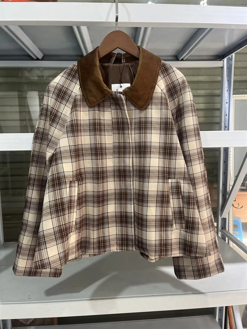 Women's checked transitional jacket with contrasting velvet collar, concealed front placket, and patch pockets Mune Fashion
