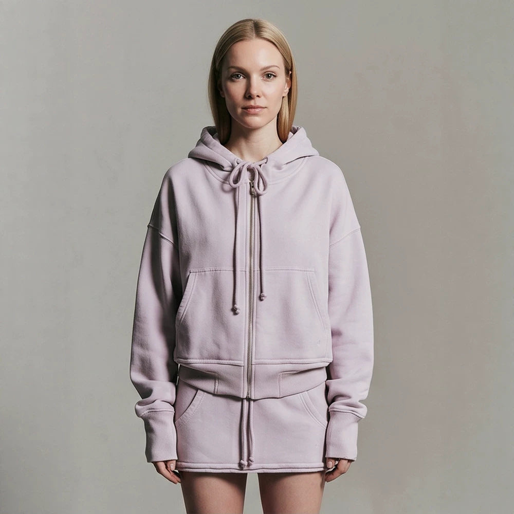 Ladies cropped hoodie sweatshirt with full zip, kangaroo pockets, and extended sleeve cuffs Mune Fashion