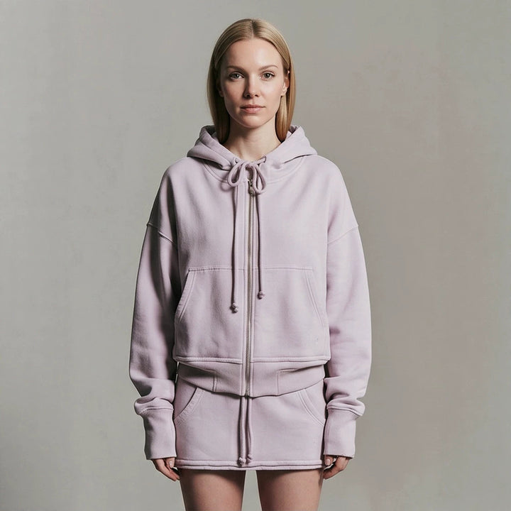 Ladies cropped hoodie sweatshirt with full zip, kangaroo pockets, and extended sleeve cuffs Mune Fashion