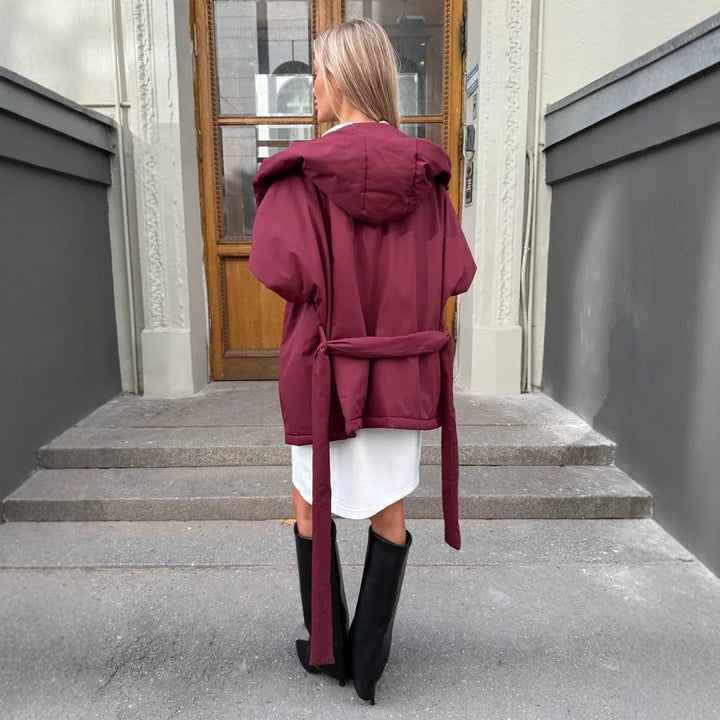 Ladies sleeveless quilted hooded vest with waist tie belt Mune Fashion