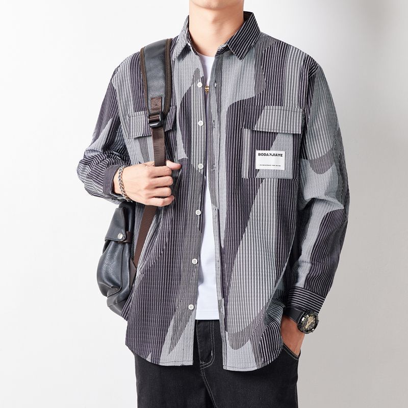 Men's Loose Shirt Jacket in Graphic Pinstripe Mix with Patch Chest Pockets Mune Fashion