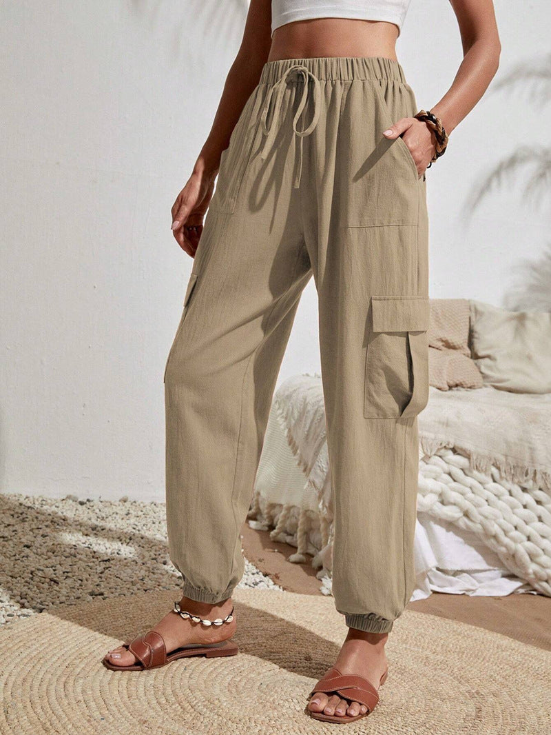 Women Cargo Jogging Pants with Elastic Waistband, Drawstring and Patch Pockets Mune Fashion