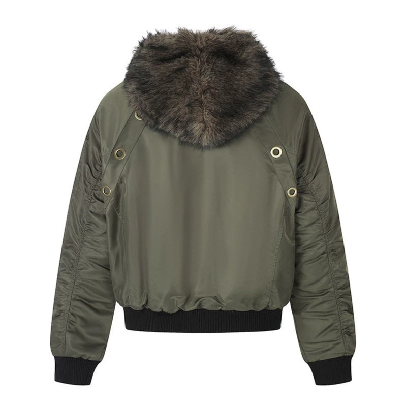 Women's short-cut bomber jacket with faux fur hood and eyelet application Mune Fashion