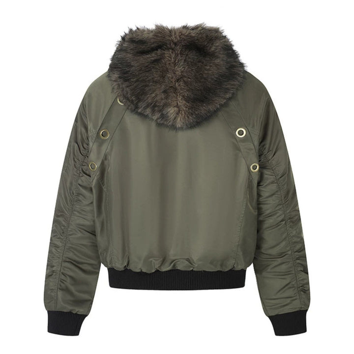 Women's short-cut bomber jacket with faux fur hood and eyelet application Mune Fashion
