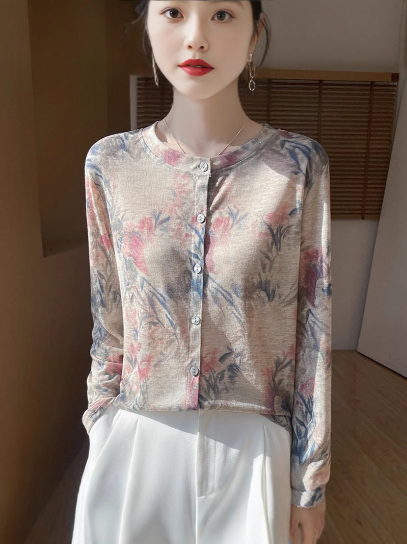 Ladies Lightweight Watercolor Print Fine Knit Cardigan with Round Neck and Button Placket Mune Fashion
