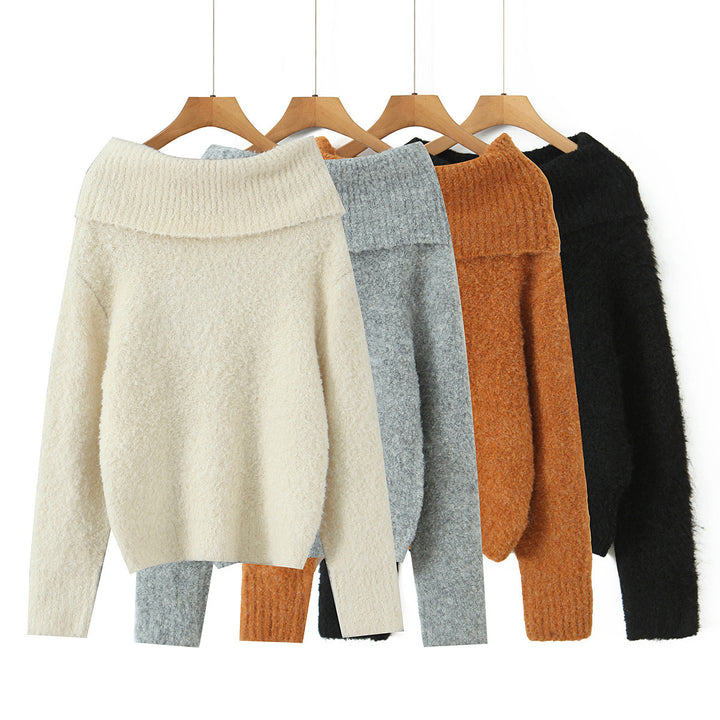 Women's Off-Shoulder Oversized Knit Sweater with Wide Folded Collar and Voluminous Sleeves Mune Fashion