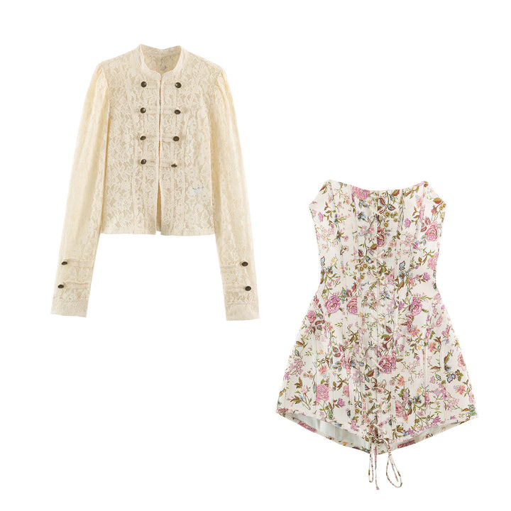 Ladies short jacket made of floral lace with mandarin collar and decorative straps Drune