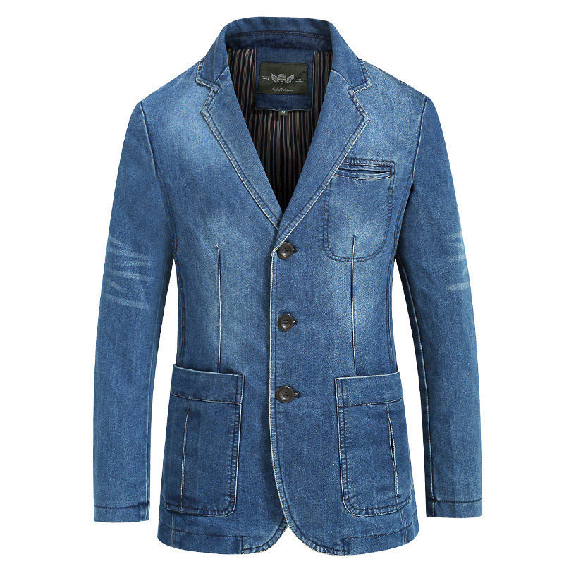 Men's denim blazer-style jacket with stretch, patch pockets, and lightweight lining.