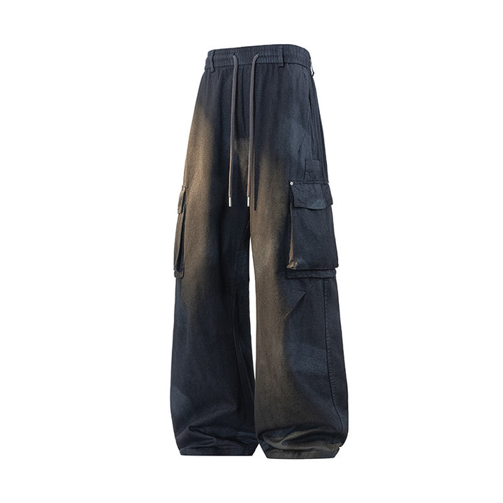 Damen Weite Cargo-Hose im Baggy-Stil mit Tunnelzugbund, Multifachtaschen und Used-Waschung Mune Fashion
