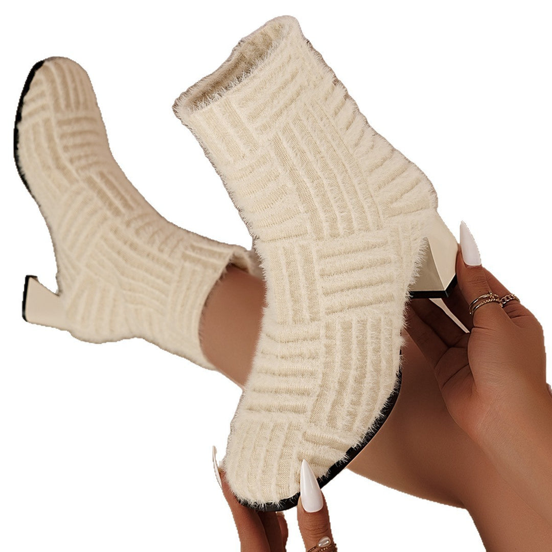 Women's Knitted Sock Boots with Fluffy Texture, Geometric Rib Pattern and Sculpted Block Heel Mune Fashion