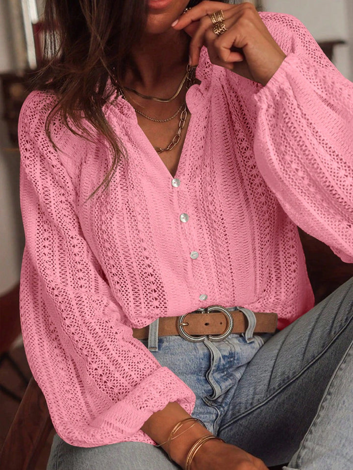 Ladies' crochet blouse with button placket and balloon sleeves Mune Fashion