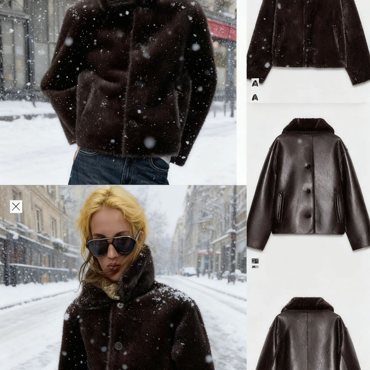 Women Boxy Faux Leather Jacket with Faux Fur Collar, Lambswool Imitation Lining and Button Closure Mune Fashion