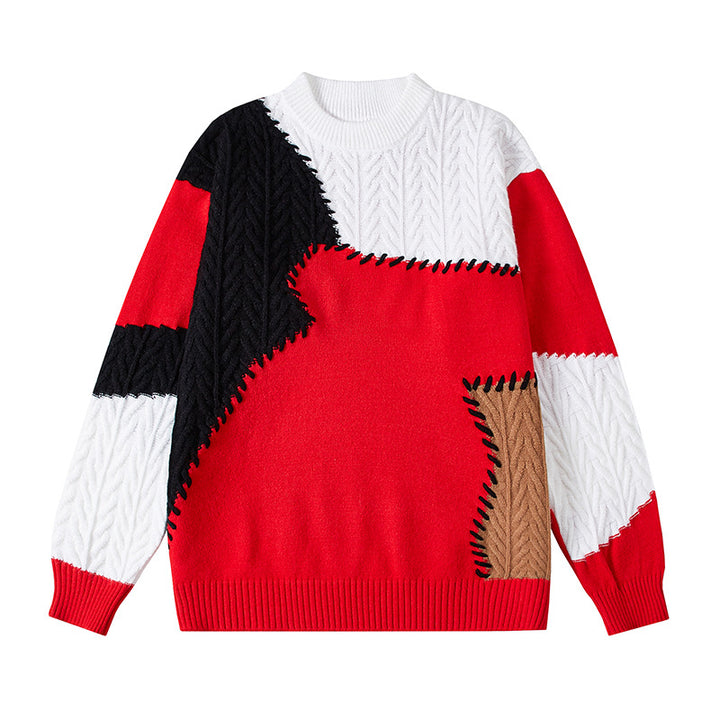 Men's structured patchwork knit sweater with cable pattern and round neck Mune Fashion