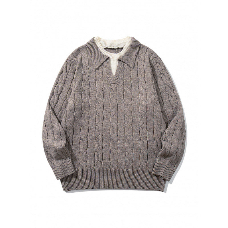 Men's chunky knit cable pattern sweater with polo collar and V-neck Mune Fashion