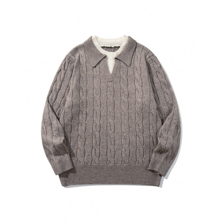 Men's chunky knit cable pattern sweater with polo collar and V-neck Mune Fashion