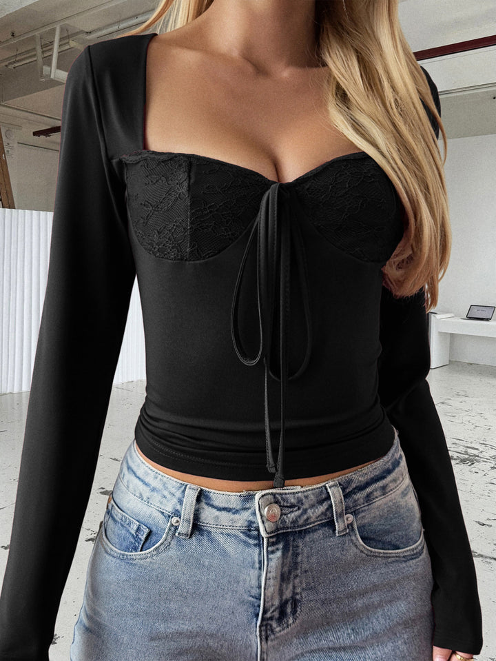 Women's fitted bustier top with square neckline, lace cups, and tie band Mune Fashion