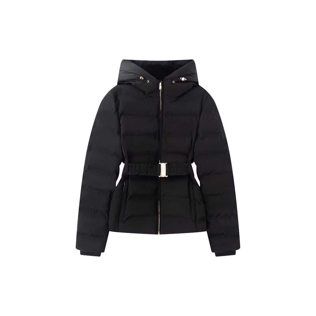 Women's Shiny Down-Look Quilted Jacket with Hood and Tailored Drawstring Belt Mune Fashion