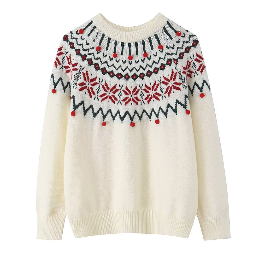 Women's knit sweater with Norwegian border and attached decorative pompons Mune Fashion