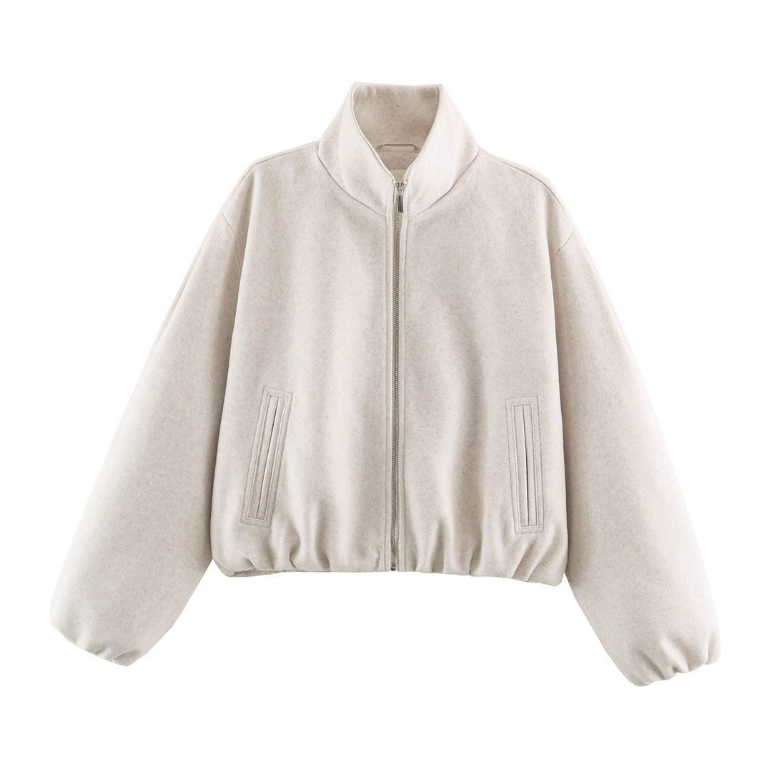Women's Cropped Wool Look Bomber Jacket with High Stand-Up Collar and Hidden Pockets Mune Fashion