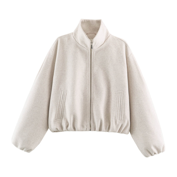 Women's Cropped Wool Look Bomber Jacket with High Stand-Up Collar and Hidden Pockets Mune Fashion