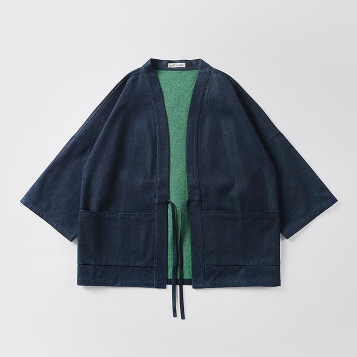 Unisex loose-fitting kimono jacket made of cotton denim with tie and large patch pockets Mune Fashion