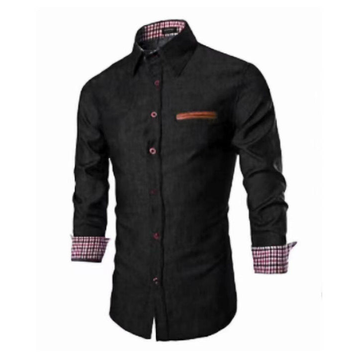 Men's Slim-Fit Stretch Denim Shirt with Check Collar and Decorative Chest Strip Mune Fashion