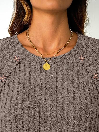 Women Ribbed Round Neck Sweater with Decorative Shoulder Buttons Mune Fashion