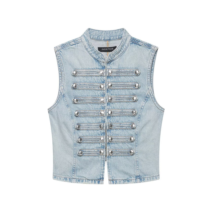 Women's jeans vest in military look with stand-up collar and decorative press stud placket Mune Fashion