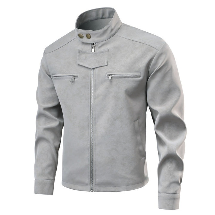Men's suede leather look biker jacket with stand-up collar, chest zipper pockets & concealed snap button placket Mune Fashion