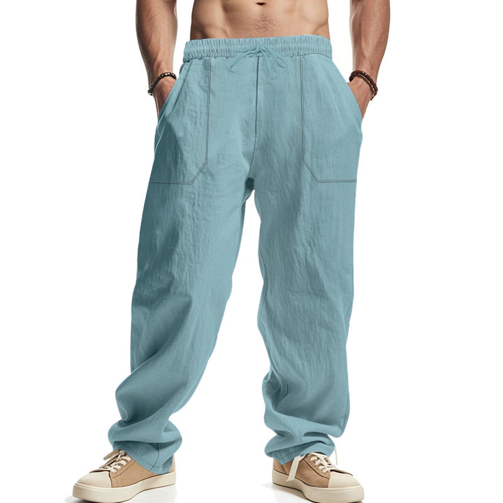 Men's Loose Linen Look Casual Pants with Elastic Waistband and Patch Pockets