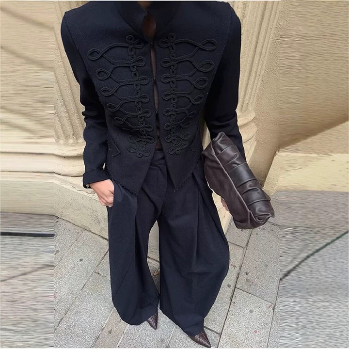 Women Short Military Inspired Jacket with Decorative Cords and Fringed Hem Mune Fashion