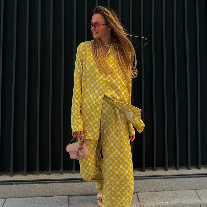 Women's Loose Lounge Two-Piece with Shirt Blouse and Balloon Pants Mune Fashion